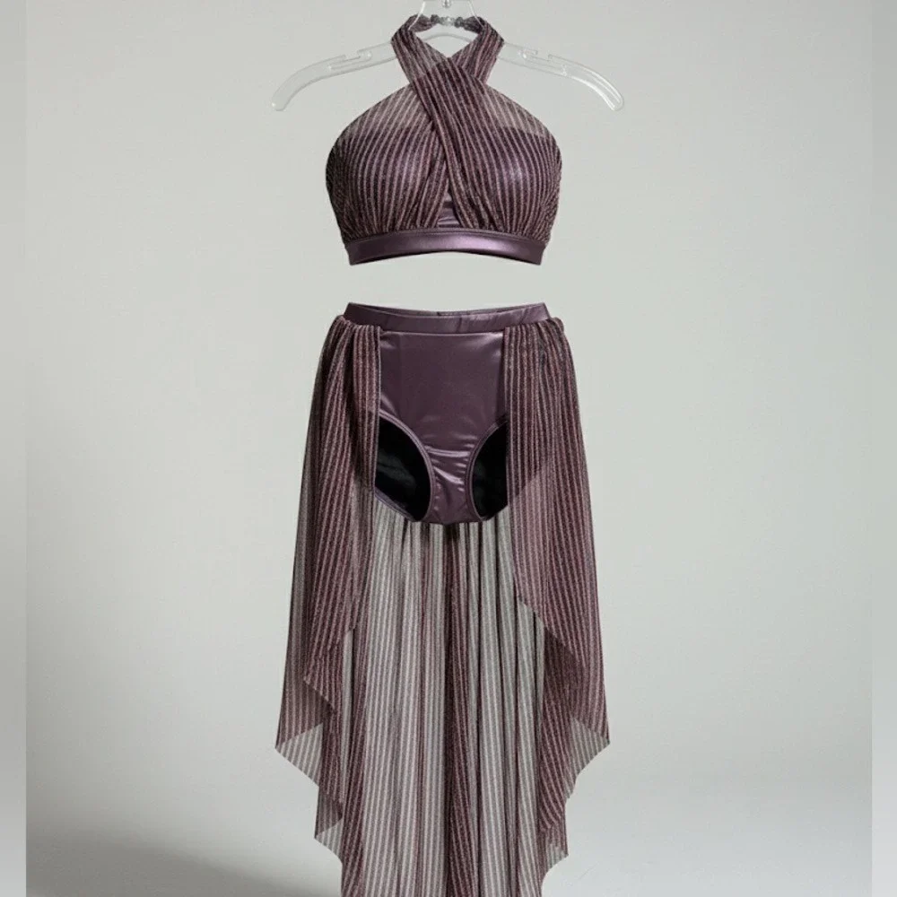 Double Platinum purple shimmer Halter Crop Top and Skirt Kids Dance Costume‎ AXS